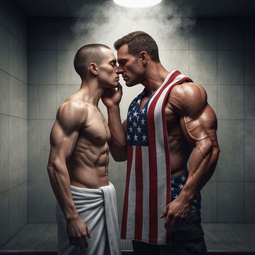 Intimate Moment: Two Men Kissing in Steamy Room