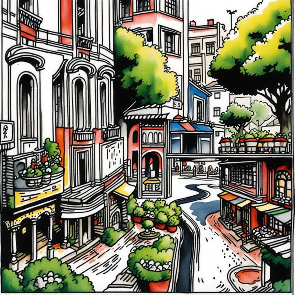 Urban Street Scene: Ink and Watercolor Painting