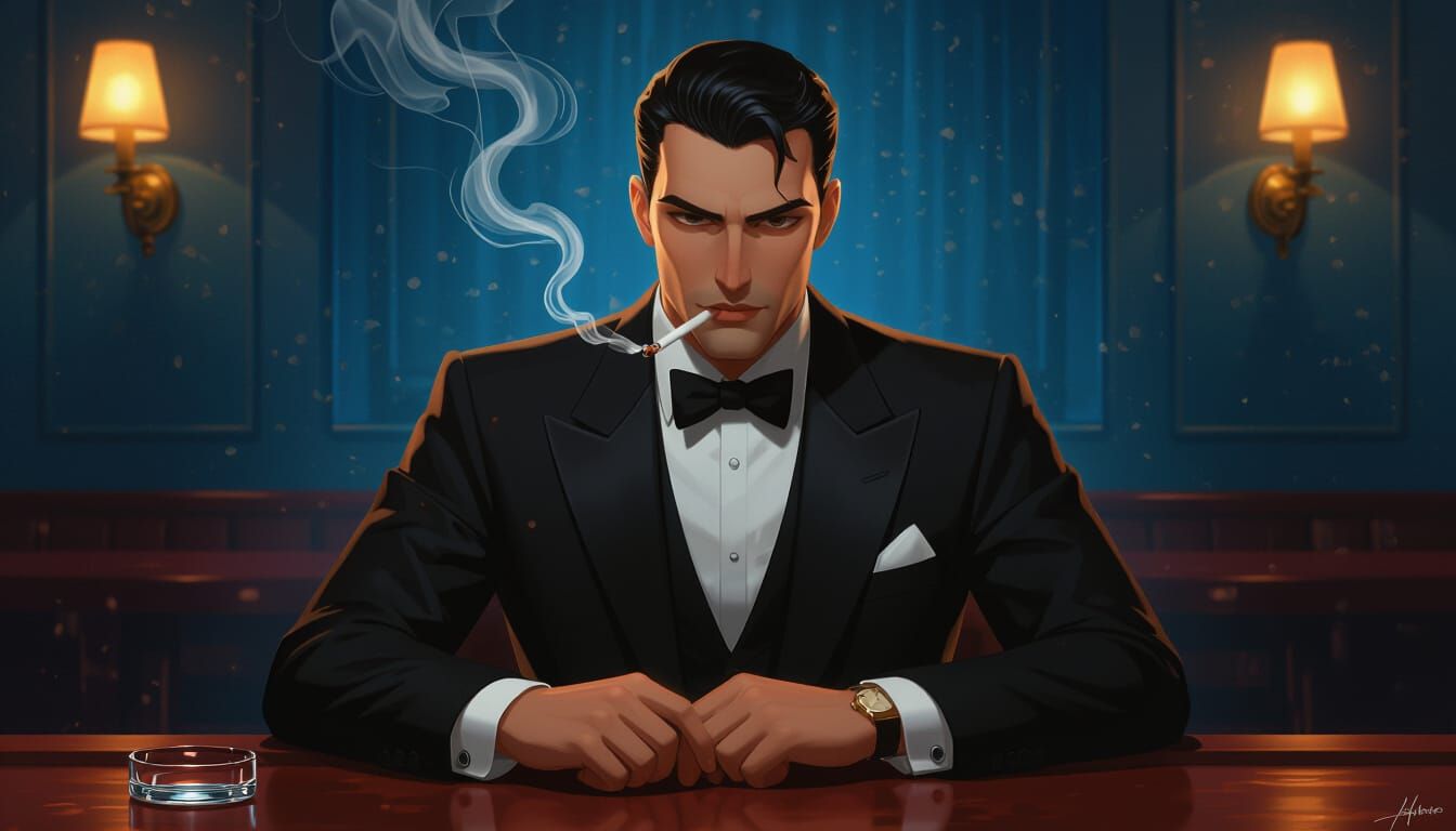 Noir Man in Suit at Bar, in 3D Anime Style