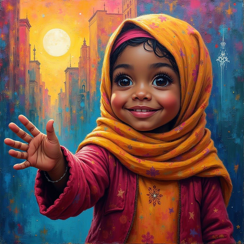 Warm Welcome to Ramadan: Chubby Girl in Vibrant Cityscape Gr...