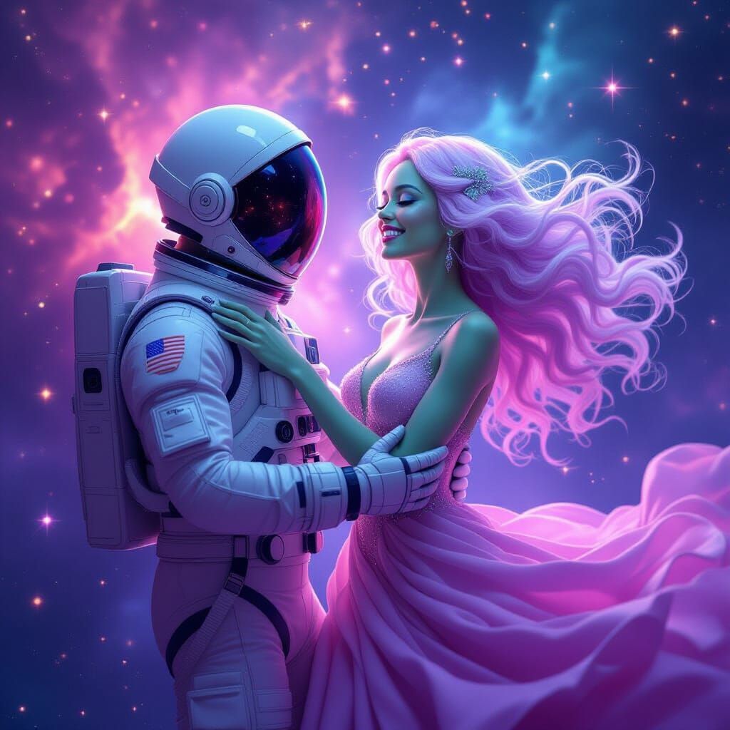 Astronaut and Alien Dance in Cosmic Nebula