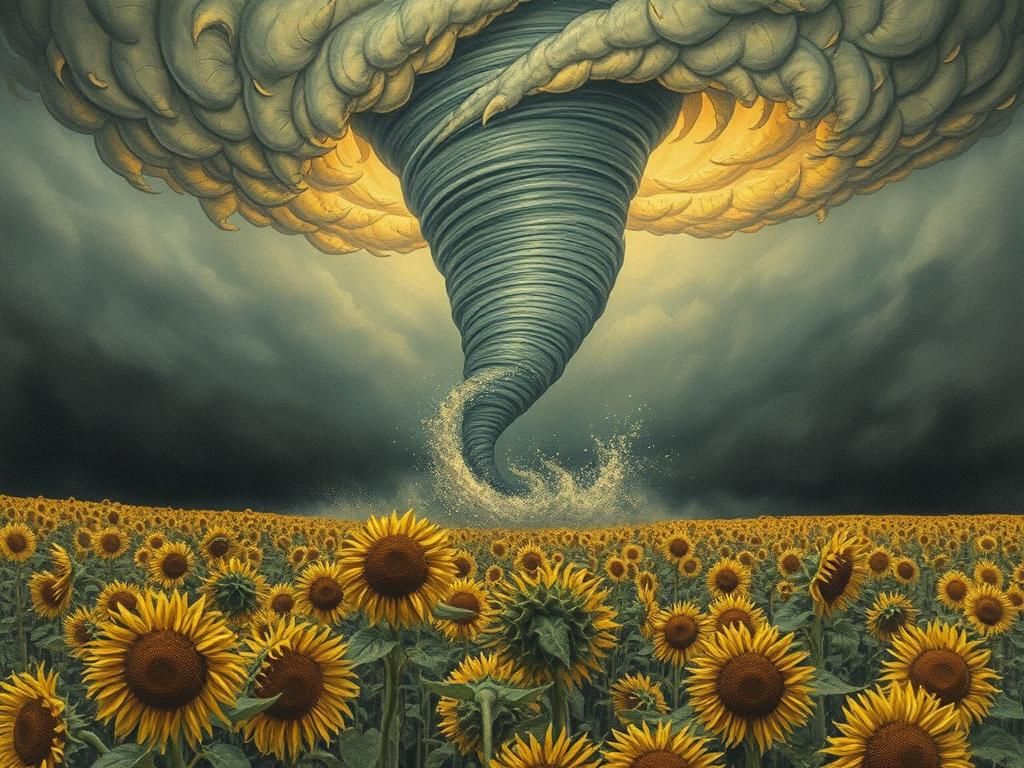 Tornado Swirling Over Sunflower Field, Romanticism Style