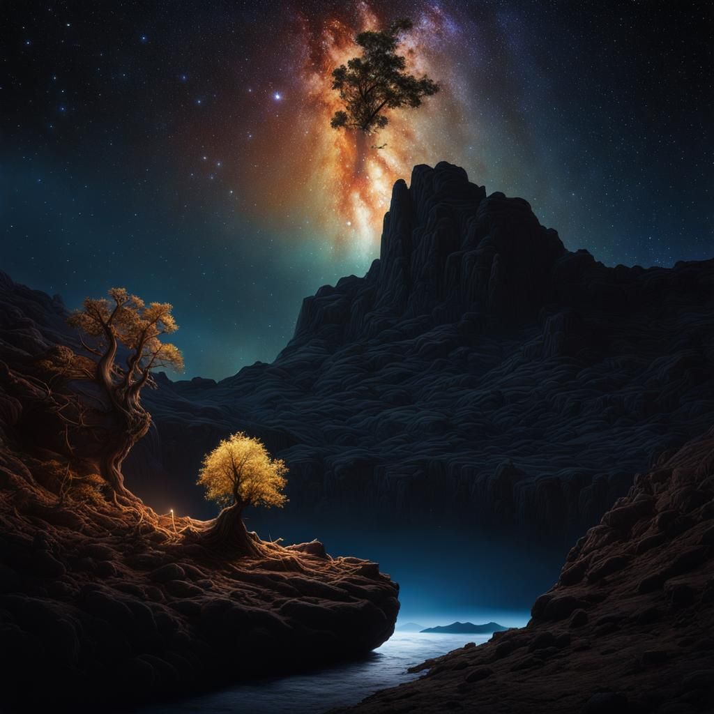 Starry Night Landscape with Cave and Tree