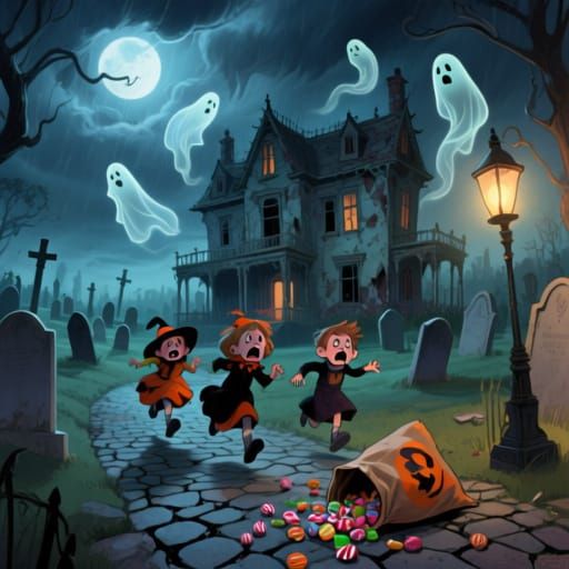 Haunted Mansion with Ghosts and Fleeing Children