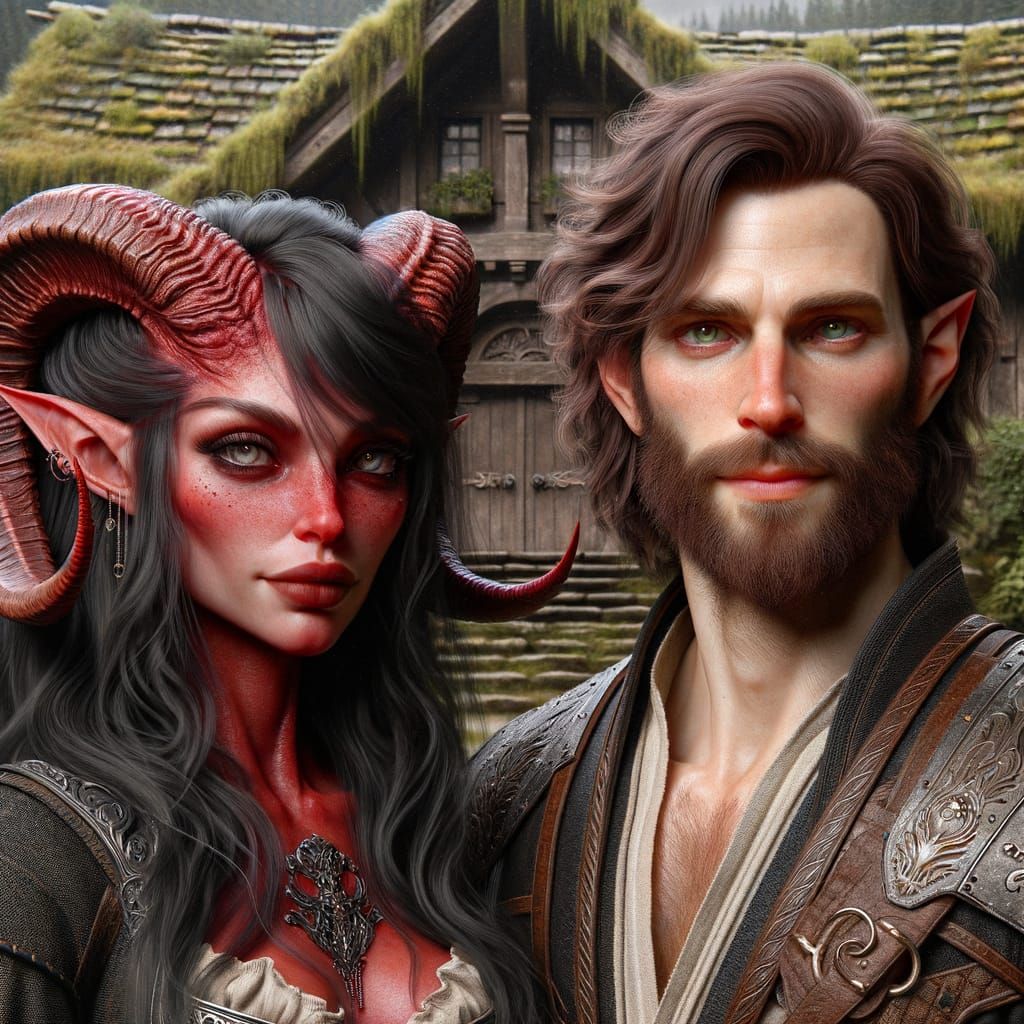 Hyper-Realistic Portrait of Tiefling Woman and Human Man