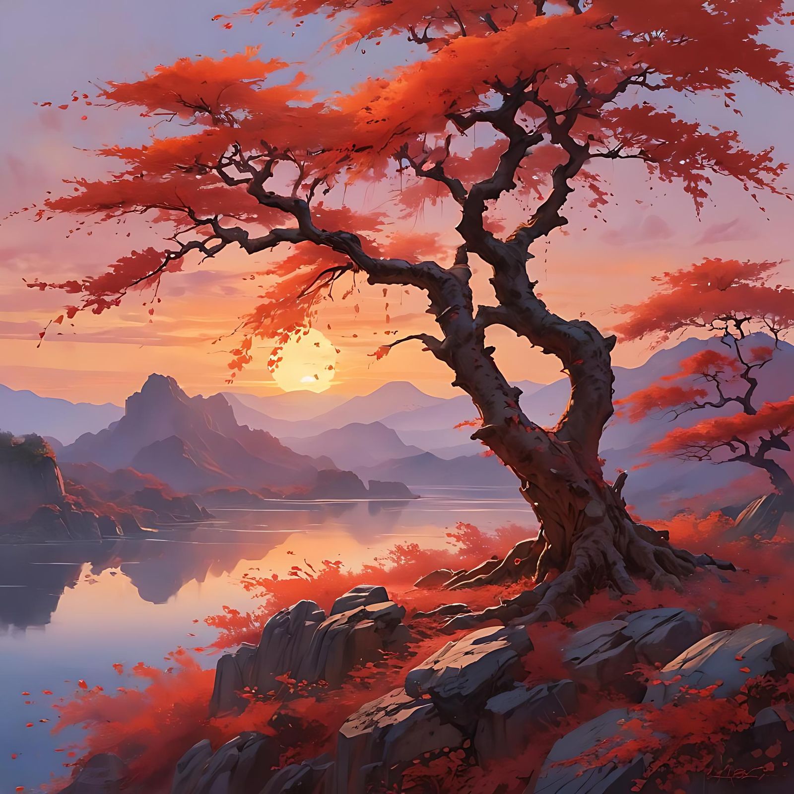 Dreamy Crimson Sakura Sky Island Watercolor