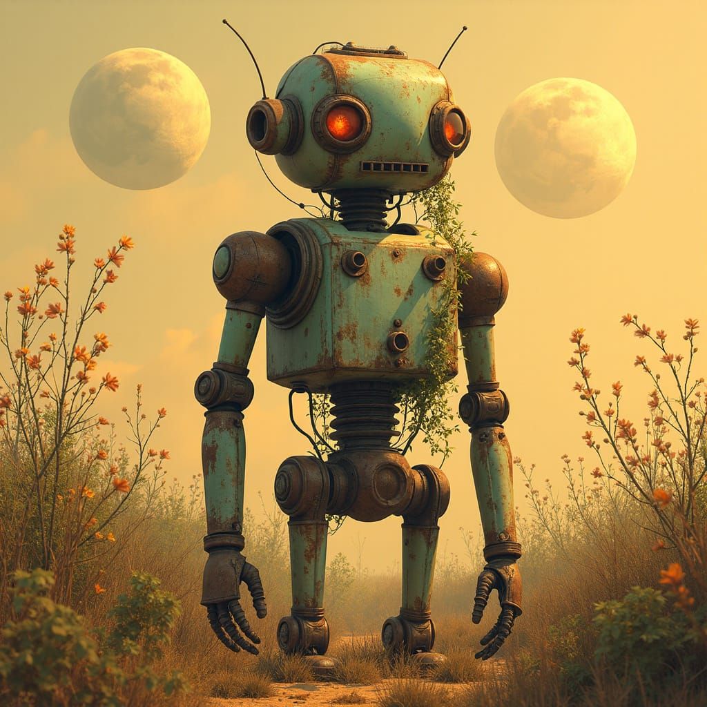 Vintage Robot in Alien Field, Digital Art
