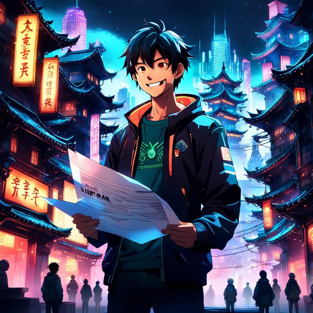 Happy Anime Man in Vivid Cityscape Concept Art