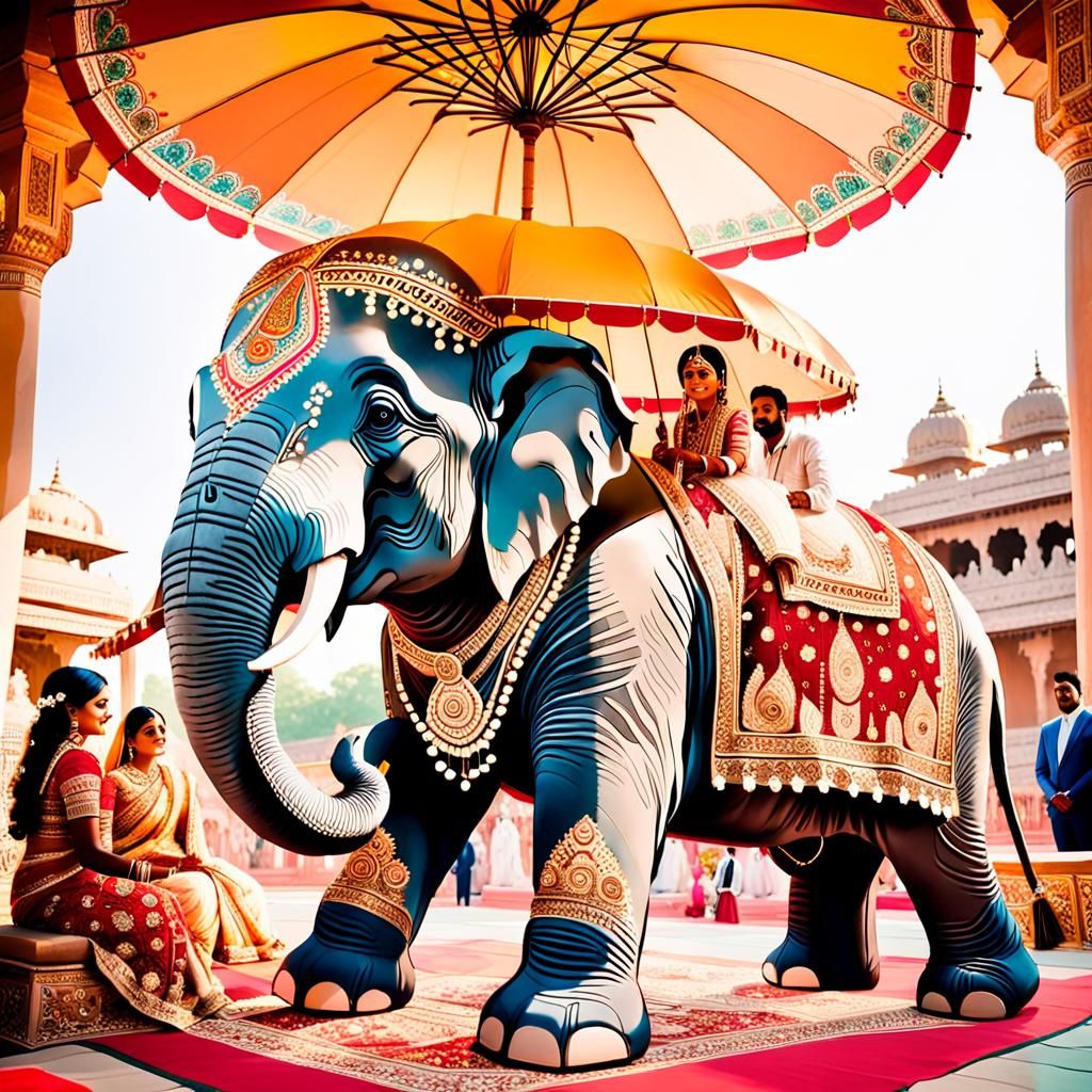 Festive Indian Wedding Scene in Traditional Miniature Painti...