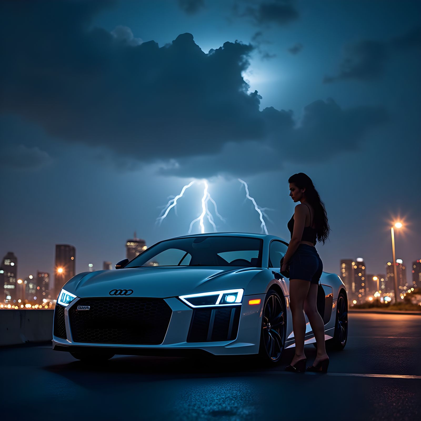 A night city with 
Audi R8 and a woman
dark clouds and lightning strikes.