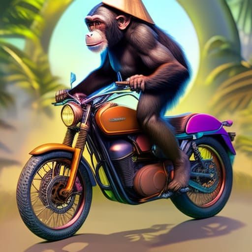 Chimpanzee on Motorcycle Portrait in Hyperdetailed Style