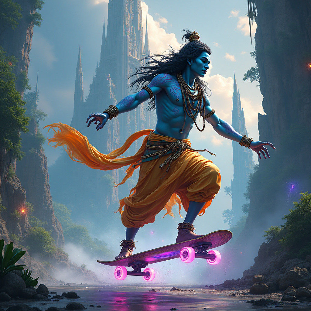 Shiva on Skateboard in Cyberpunk Dreamscape