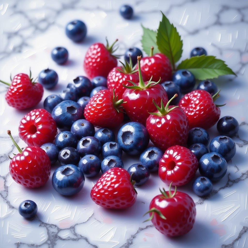 Vibrant Berries on Marble: Hyperrealistic Digital Painting