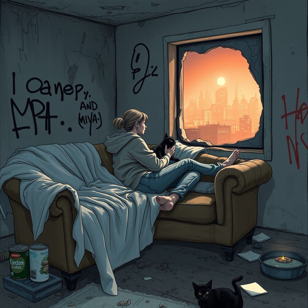 Hyper-Realistic Abandoned Room with Woman and Cat