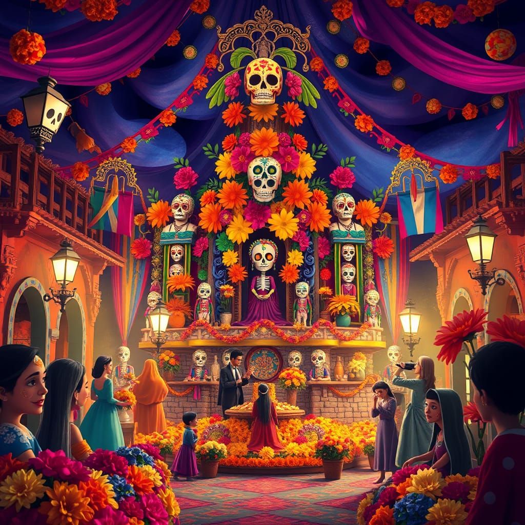 Vibrant Día de los Muertos Celebration in Folk Art Style