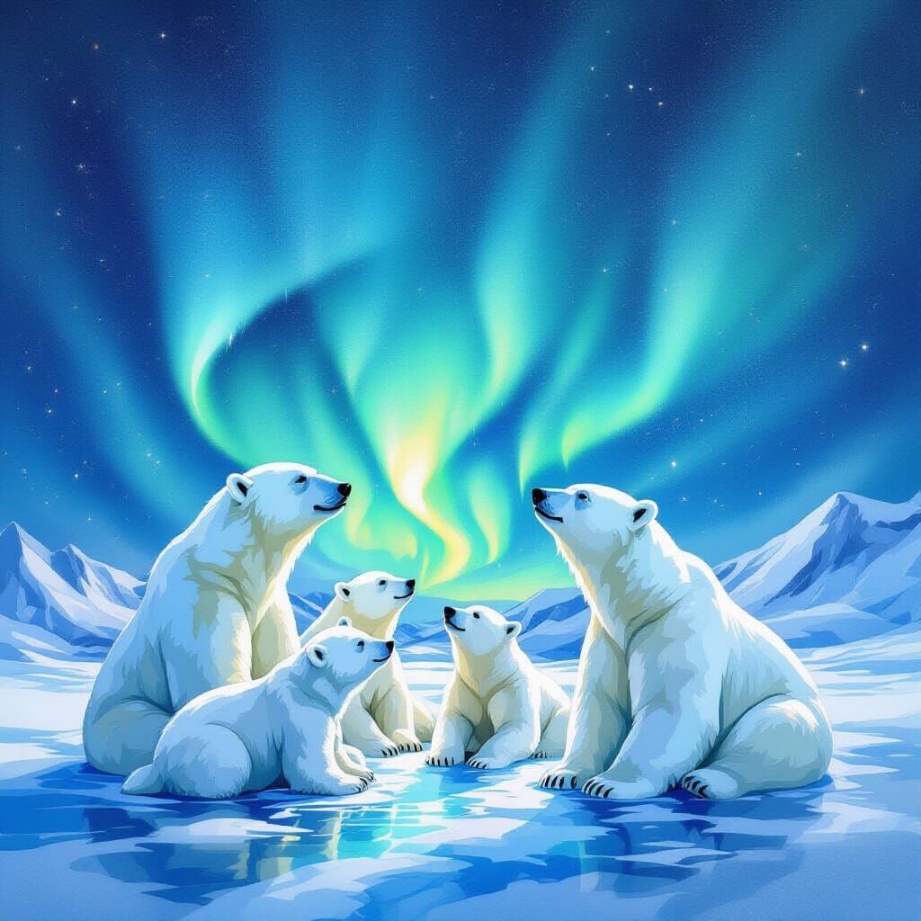 Polar Bears Play Under Aurora in Fantastical Watercolor Art