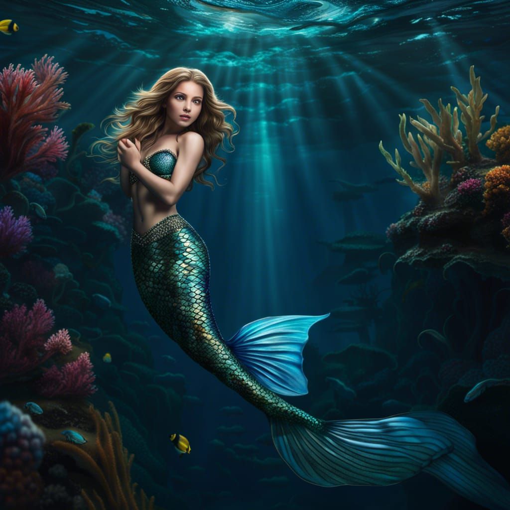 Hyper-Realistic Mermaid Swimming Underwater: Digital Illustr...