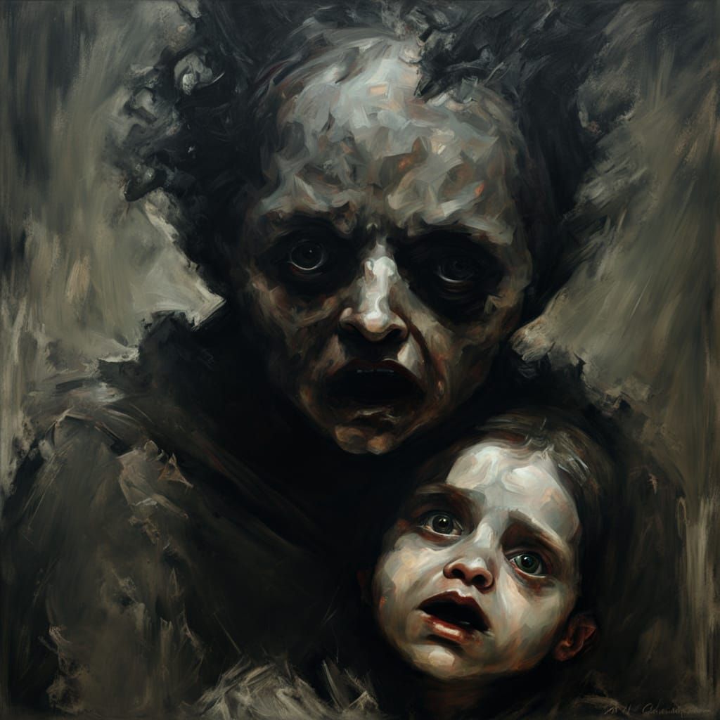 Grotesque Figure Consuming Child in Dark Expressionism