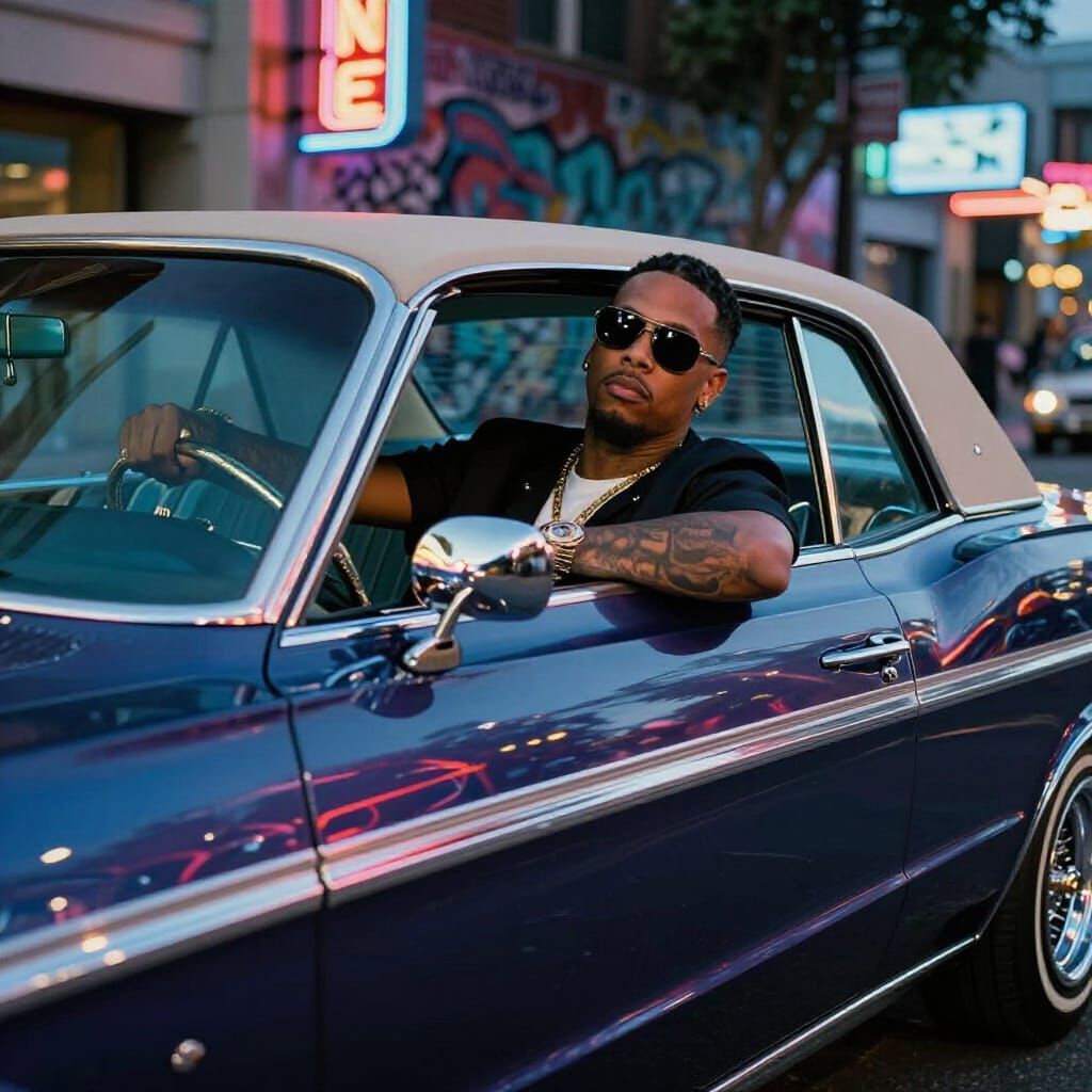 Lowrider Driver in Urban Nightscape