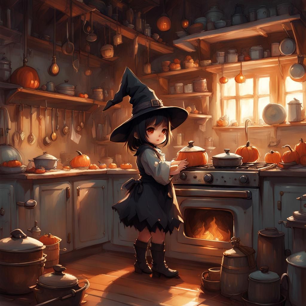 Chibi Witch in Spooky Kitchen, Digital Art