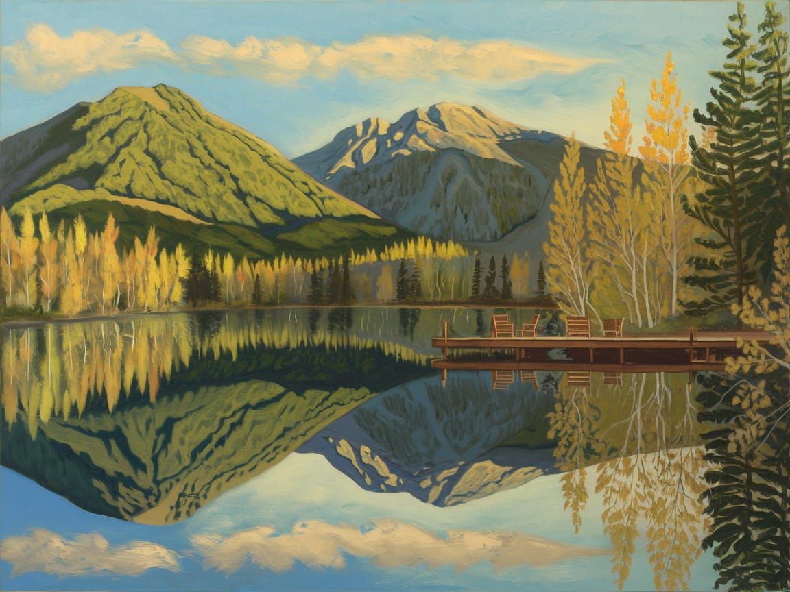 Autumnal Landscape with Lake Reflection Painting