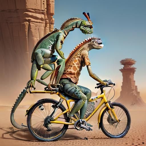 Iguana Rides Giraffe Bicycle Through Sahara, Precisionism St...
