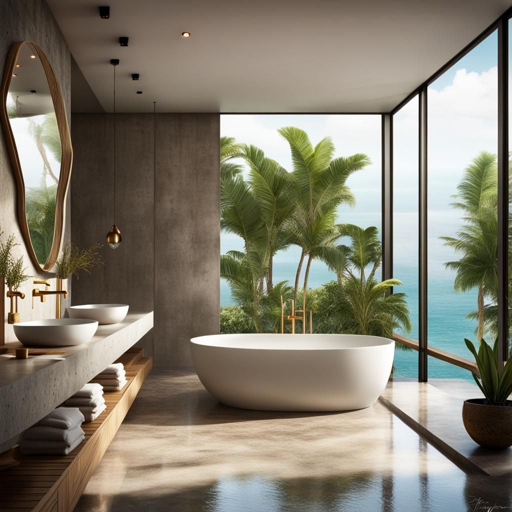 Organic Open-Concept Bathroom with Ocean View