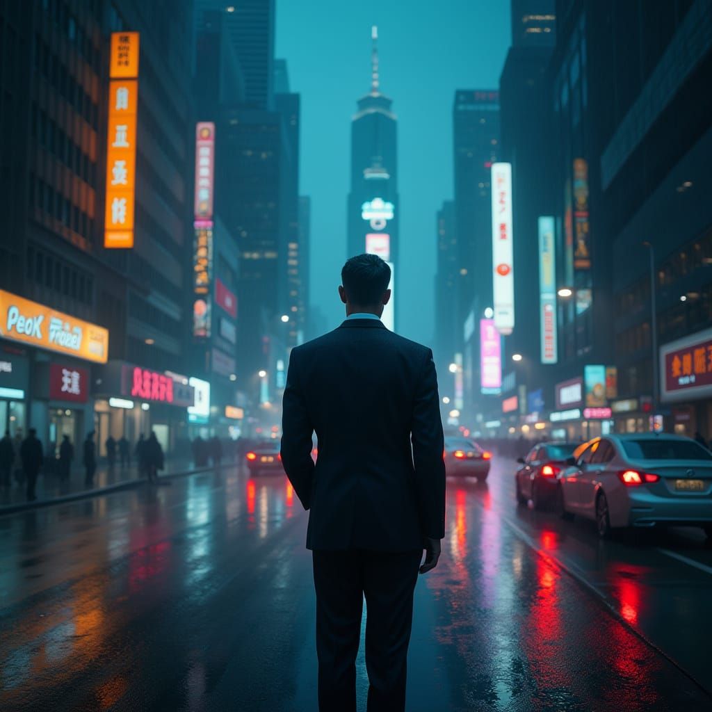 Corporate Executive Amidst Dystopian Metropolis