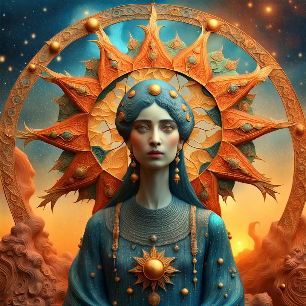 Celestial Woman in Surreal Sun and Moon Star