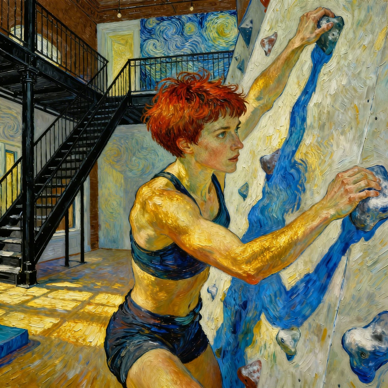 Woman Climbs Wall in Van Gogh Style