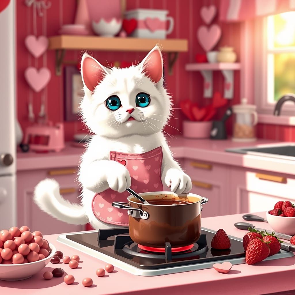 Cute White Cat in Cozy Valentine's Kitchen