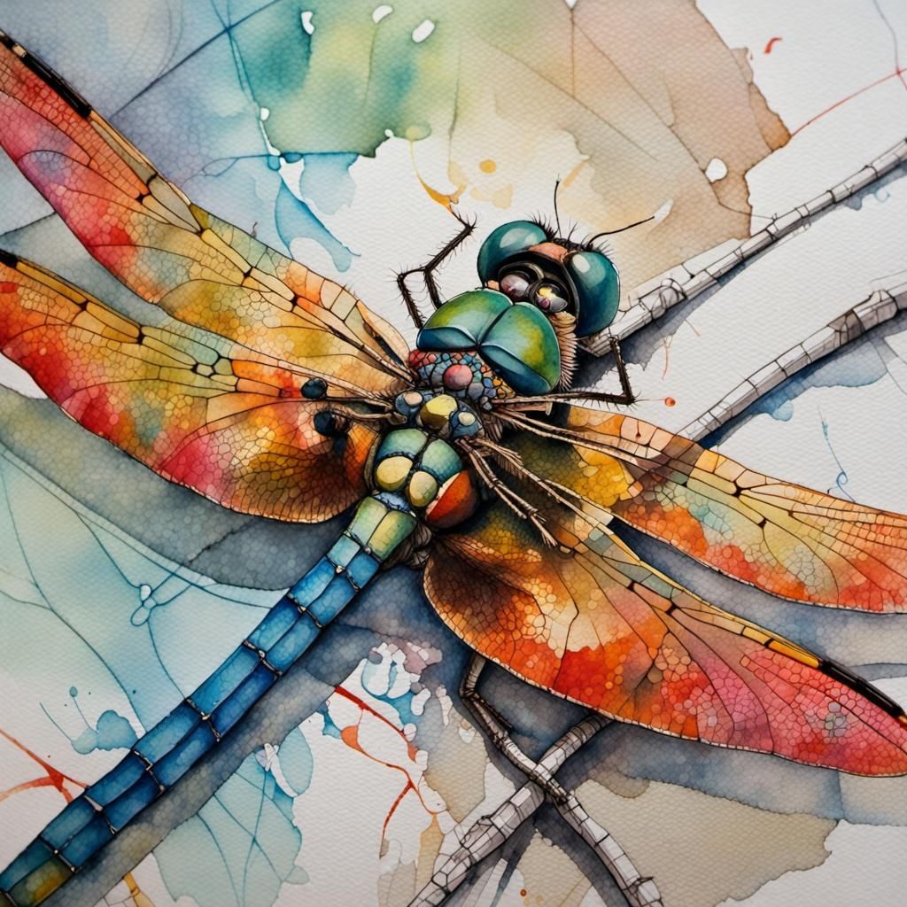 Dragonfly Macro Headshot in Gouache Watercolor Style