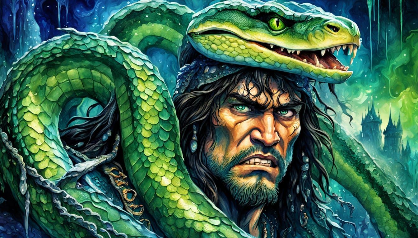 Conan vs. Giant Snake in Alcohol Ink Style