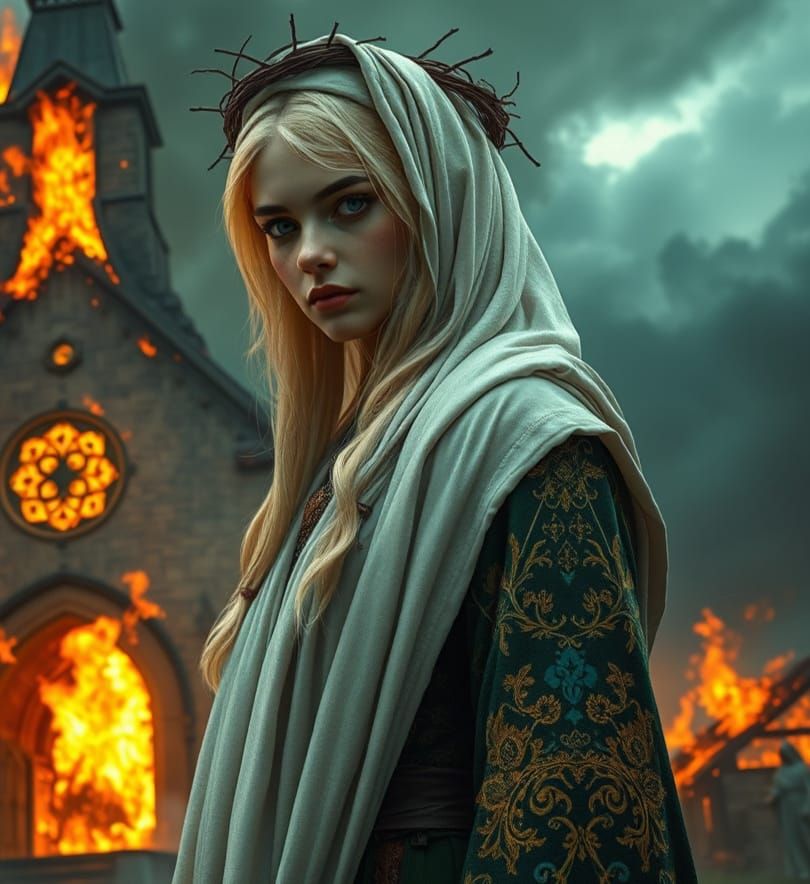 Pagan Princess in Front of Burning Church