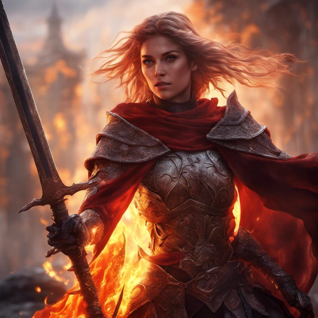 Lady Knight with Flaming Sword in Fantasy Art