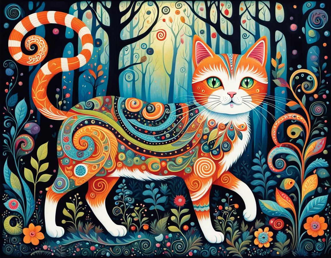 Cat and Whimsical Creature in Eerie Folk Art Forest