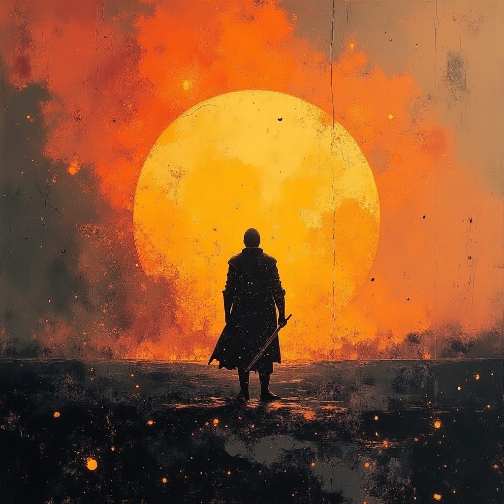 Knight Silhouetted on Battlefield in Digital Painting