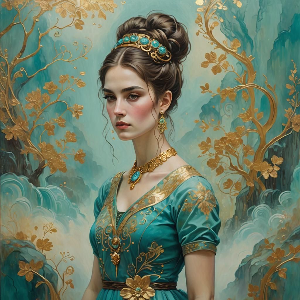 Brunette Girl in Turquoise Dress, Klimt-Inspired Painting