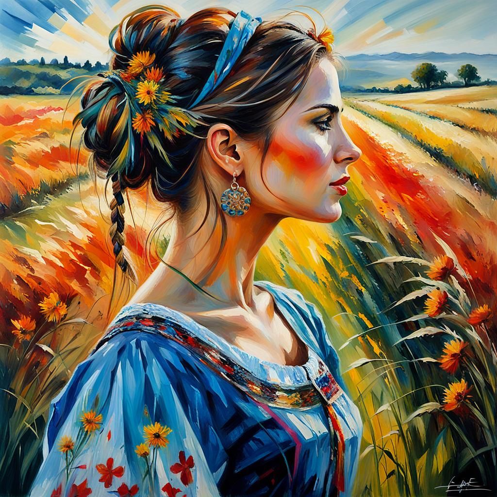 Croatian Girl Portrait in Sunny Field, Neo-Impressionism