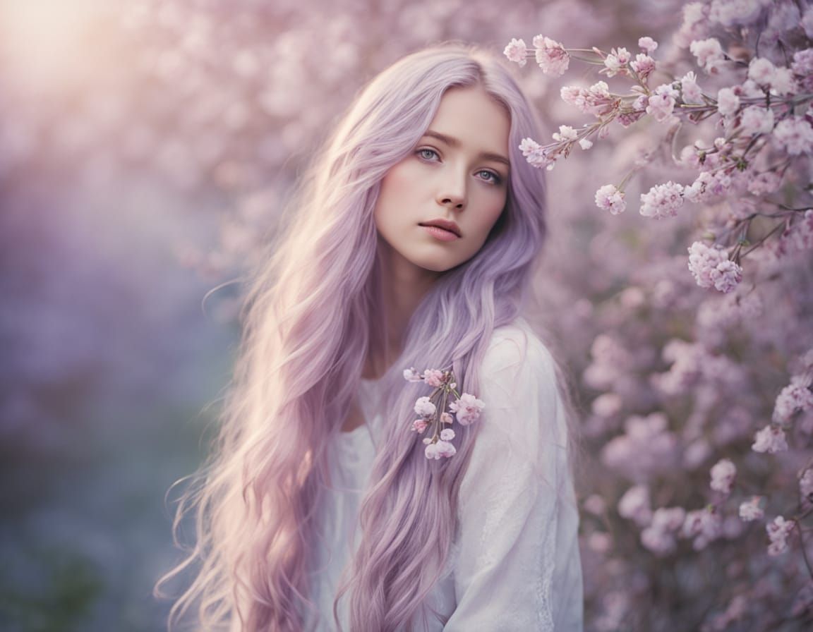 Dreamy Lavender Haired Girl in Watercolor Style