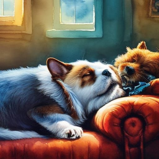 Humorous Dog Napping on Sofa in Watercolour