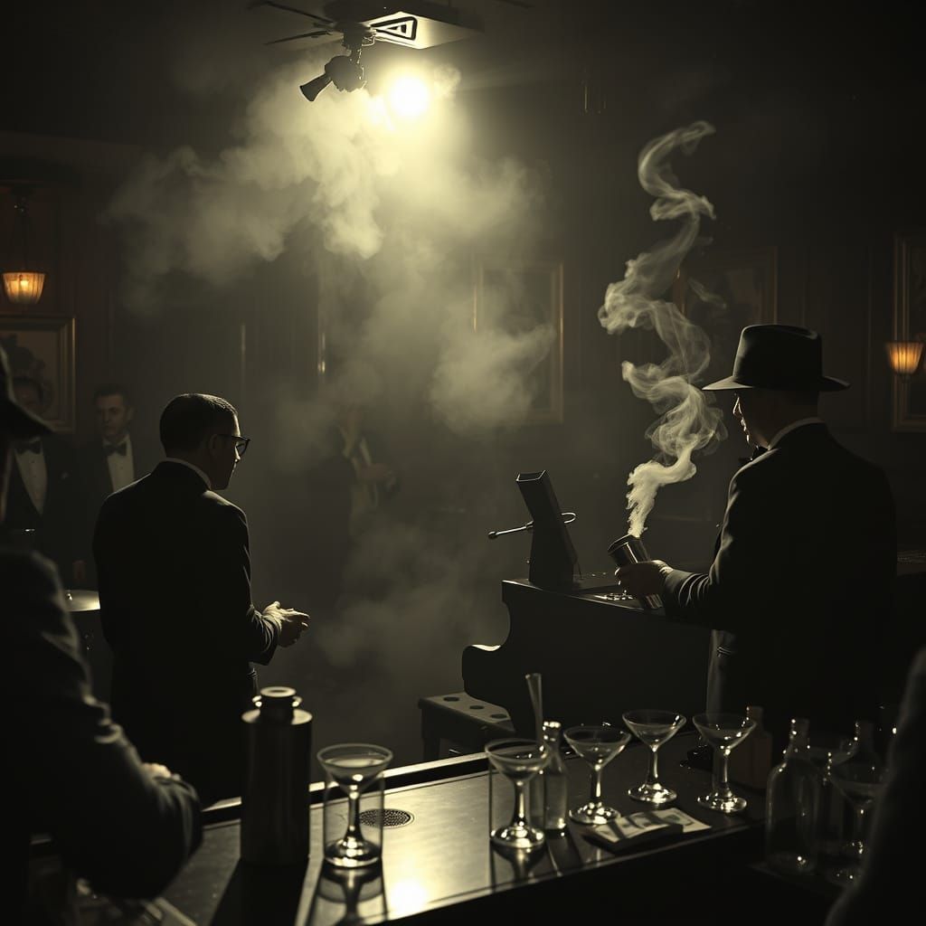 1920s Speakeasy Scene in Film Noir Style