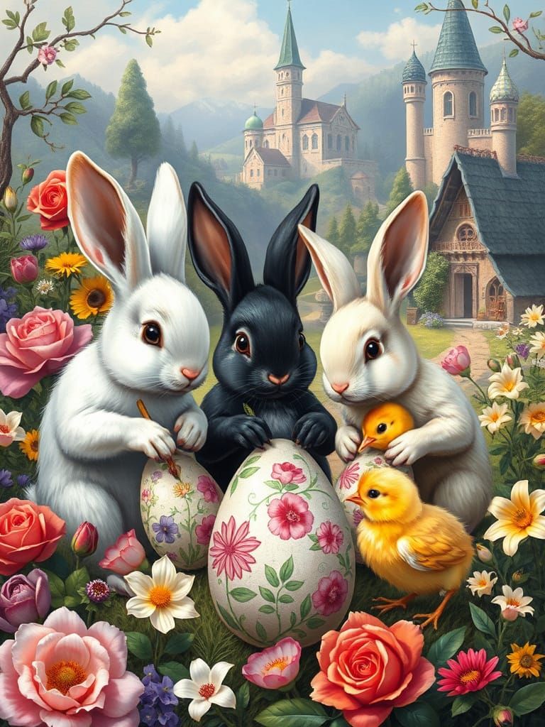 Easter Bunnies Decorating Eggs in Floral Landscape
