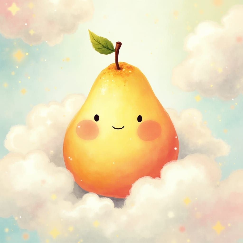 Whimsical Fruit Character in Watercolor Cloudscape