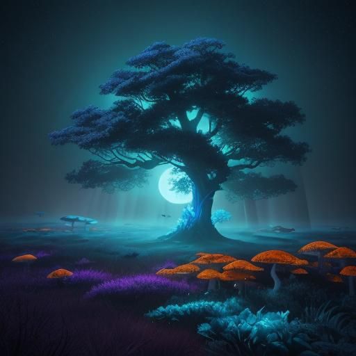 Glowing Tree in Moonlit Fantasy Landscape