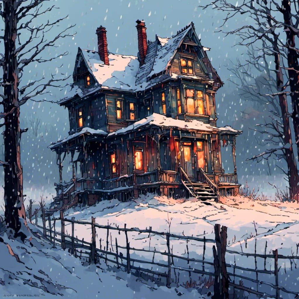 Snowy Abandoned Victorian House in Watercolor Style