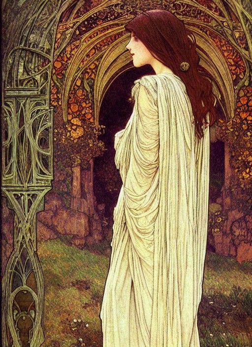 Ethereal Woman in Medieval Ruins, Art Nouveau Style