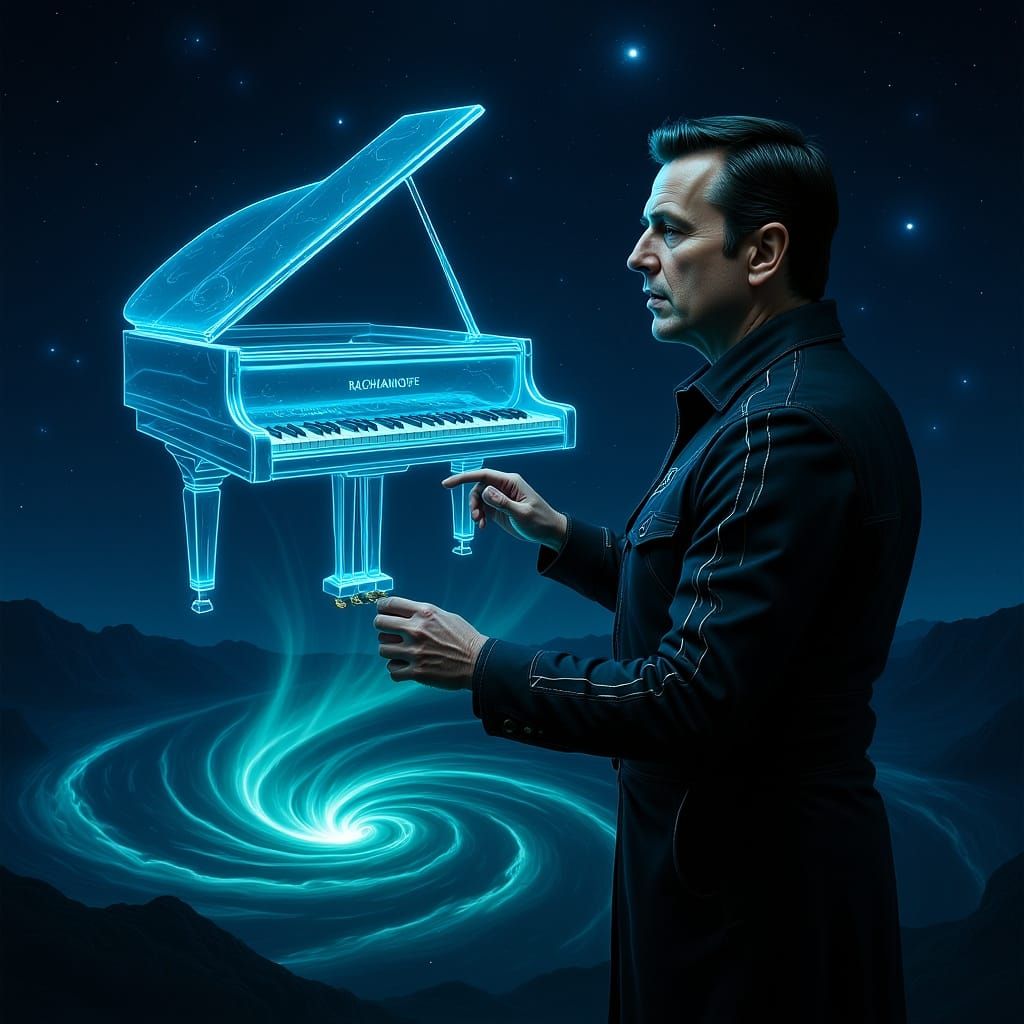 Rachmaninoff and Holographic Piano in Cyberpunk Style
