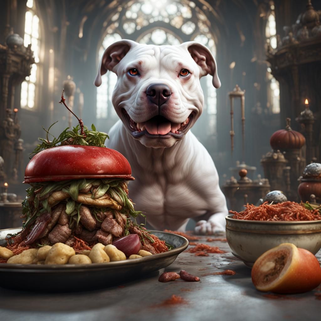 White Pitbull Terrier Eating Heart in Detailed Painting