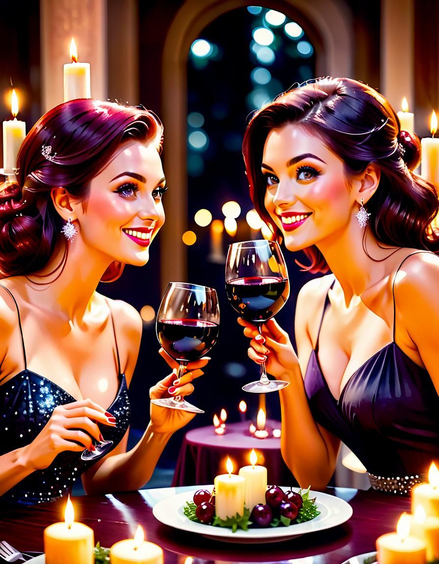 Romantic Watercolour of Two Women Dining by Candlelight